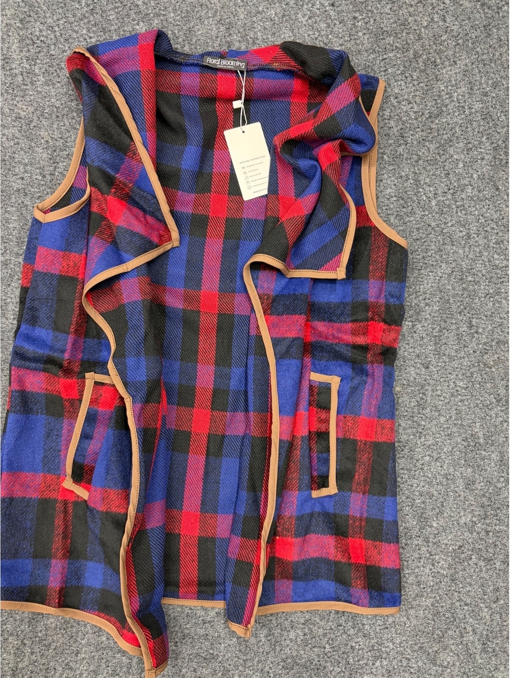 Floral Blooming Plaid Sleeveless Open Front Vest with Tan Pp